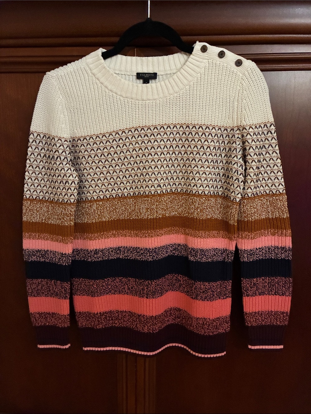 Talbots Cream Crewneck Sweater with Pink, Brown and Navy Stripes